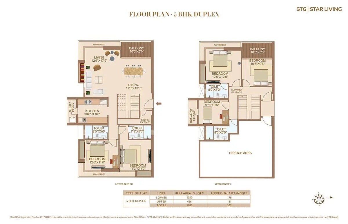 Floor plan of 5 BHK 1995 Sq. Ft. Apartment in STG Star Living, Thane