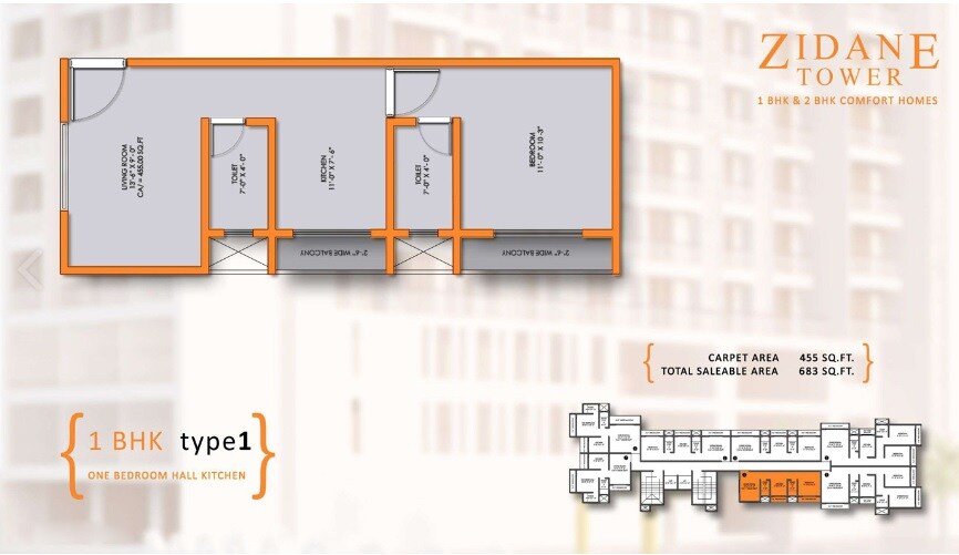 Floor plan of 1 BHK 455 Sq. Ft. Apartment in Stonework Zidane Tower, Thane