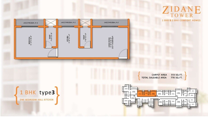 Floor plan of 1 BHK 513 Sq. Ft. Apartment in Stonework Zidane Tower, Thane