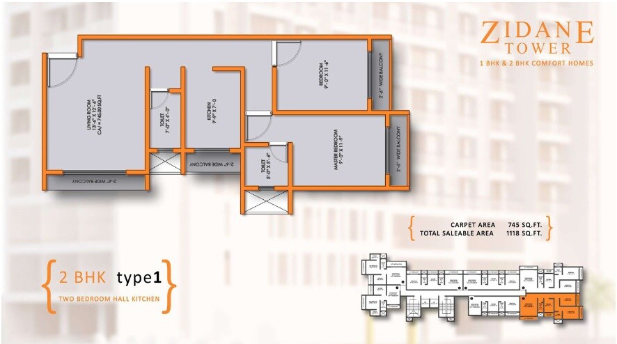 Floor plan of 2 BHK 745 Sq. Ft. Apartment in Stonework Zidane Tower, Thane