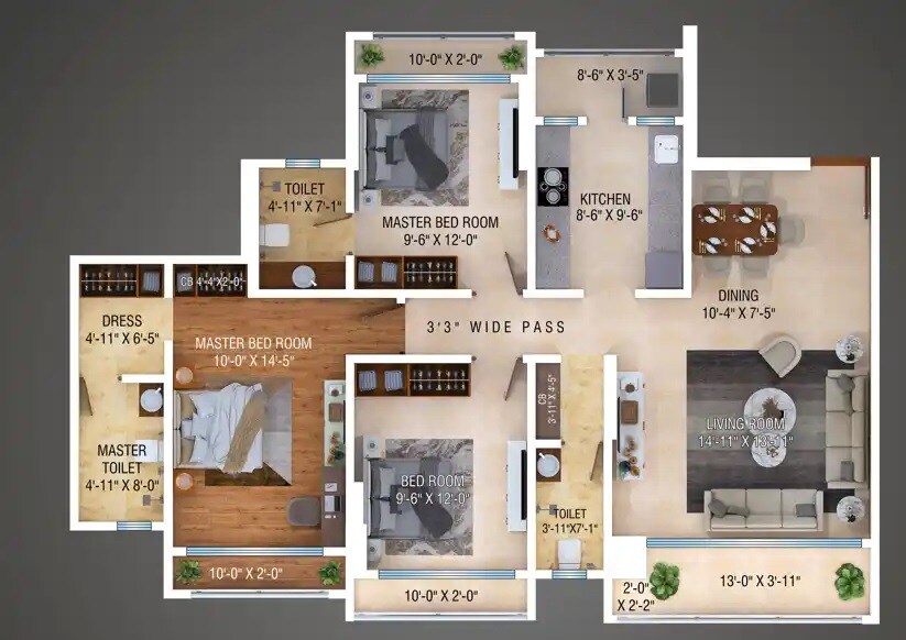 Floor plan of 3 BHK 1056 Sq. Ft. Apartment in Sudama Vallabh, Thane