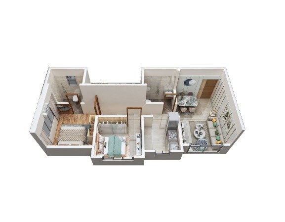 Floor plan of 2 BHK 481 Sq. Ft. Apartment in Sukruth Shivmastu Greens, Thane