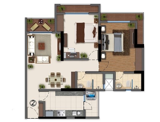 Floor plan of 2 BHK 627 Sq. Ft. Apartment in Sumit Woods Span Trident, Thane