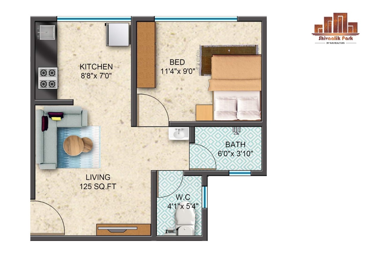 Floor plan of 1 BHK 365 Sq. Ft. Apartment in Sun Shivaalik Park, Thane