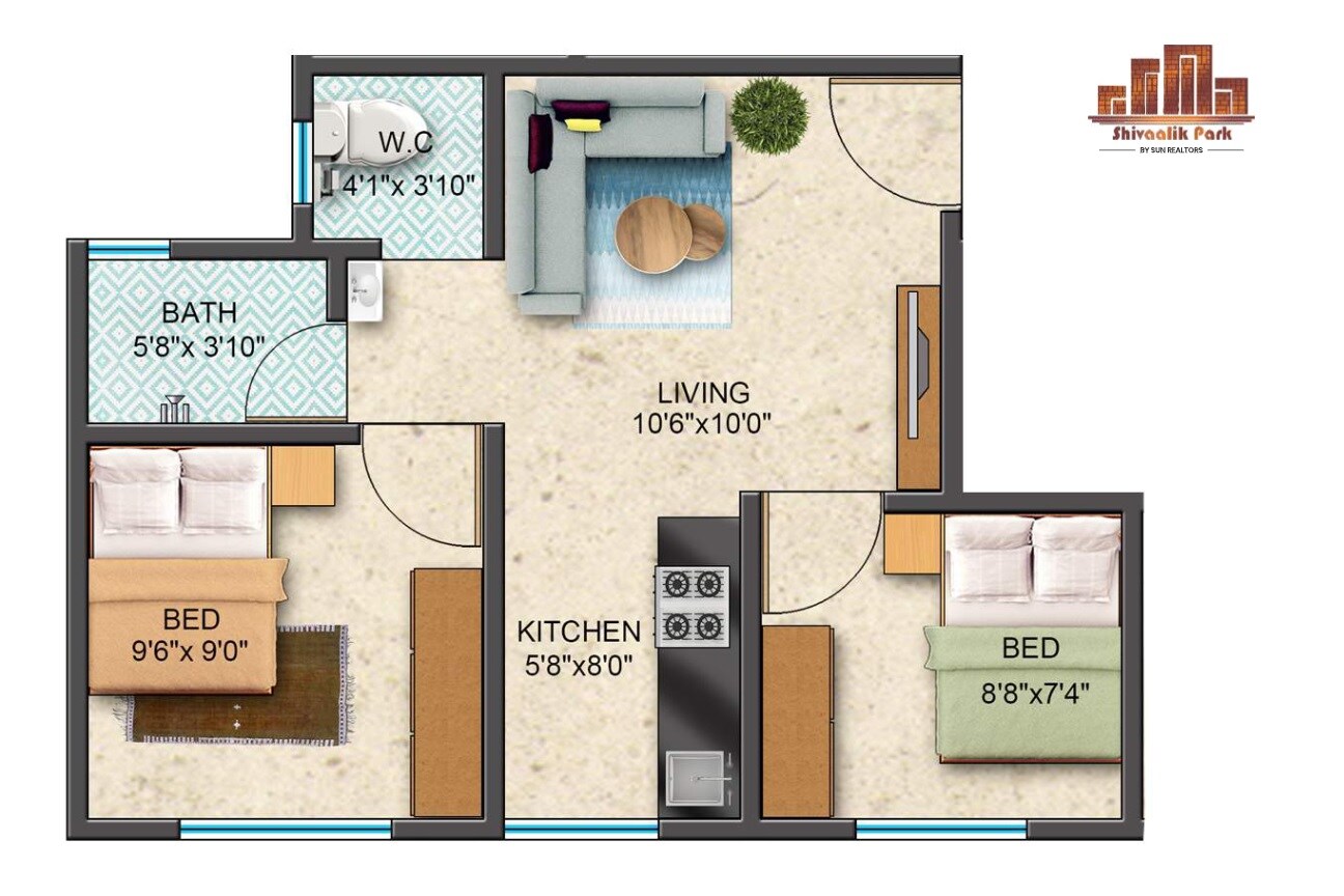 Floor plan of 2 BHK 375 Sq. Ft. Apartment in Sun Shivaalik Park, Thane