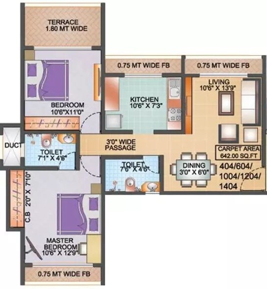 Floor plan of 2 BHK 1094 Sq. Ft. Apartment in Sun Soman Square, Thane
