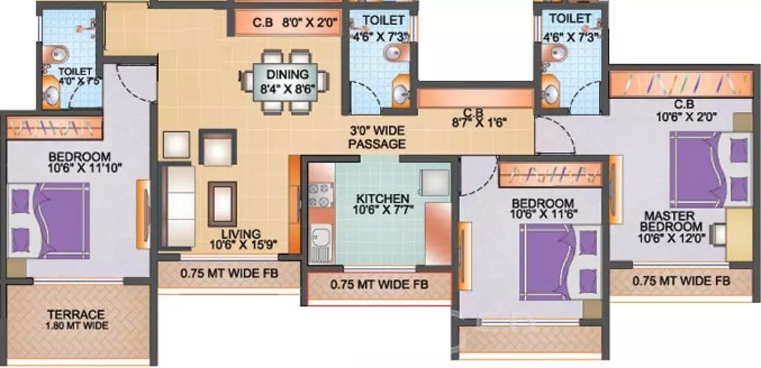 Floor plan of 3 BHK 1378 Sq. Ft. Apartment in Sun Soman Square, Thane