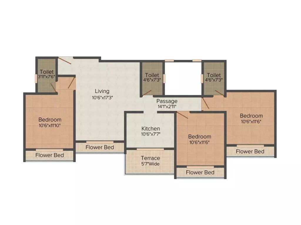 Floor plan of 3 BHK 1401 Sq. Ft. Apartment in Sun Soman Square, Thane