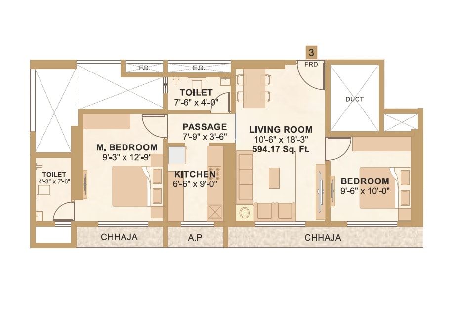 Floor plan of 2 BHK 600 Sq. Ft. Apartment in Sunita Shree Maruti Heights, Thane