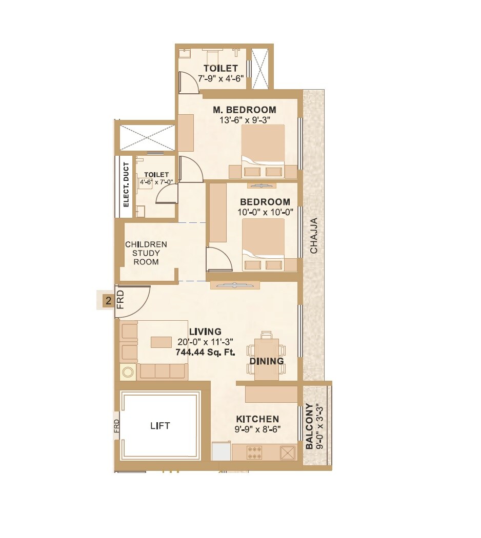 Floor plan of 2 BHK 752 Sq. Ft. Apartment in Sunita Shree Maruti Heights, Thane