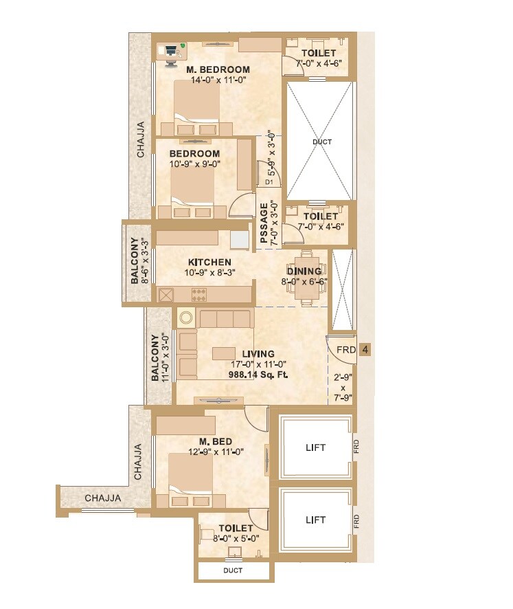 Floor plan of 3 BHK 984 Sq. Ft. Apartment in Sunita Shree Maruti Heights, Thane