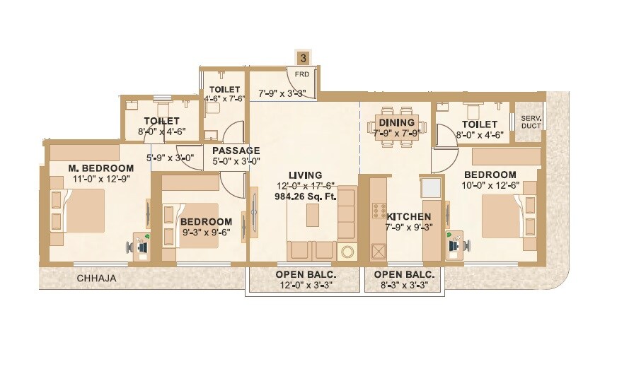 3 BHK 988 Sq. Ft. Apartment