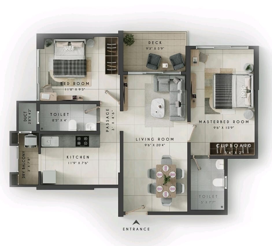 Floor plan of 2 BHK 680 Sq. Ft. Apartment in Sunraj Solitaire, Thane