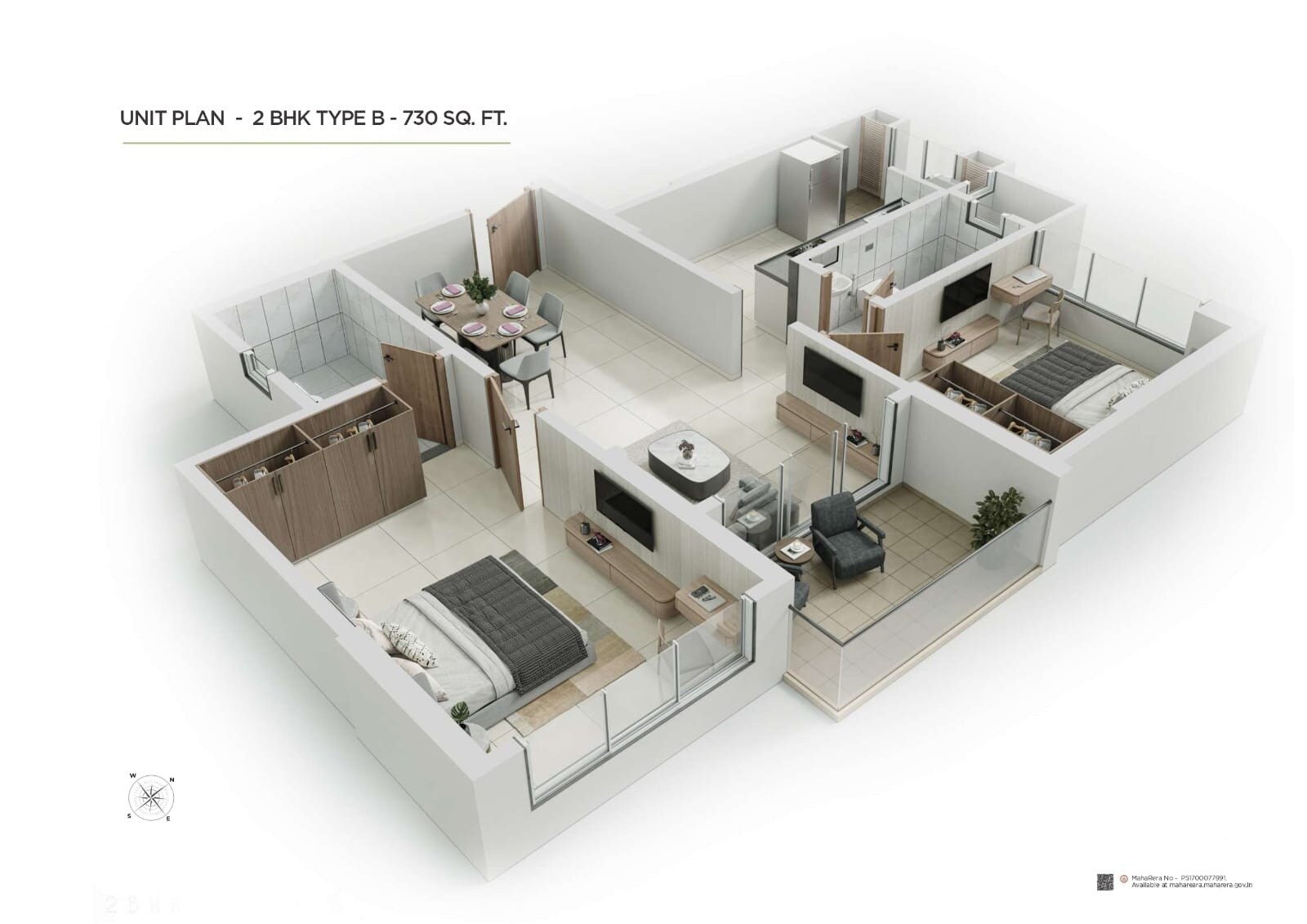 Floor plan of 2 BHK 730 Sq. Ft. Apartment in Sunraj Solitaire, Thane