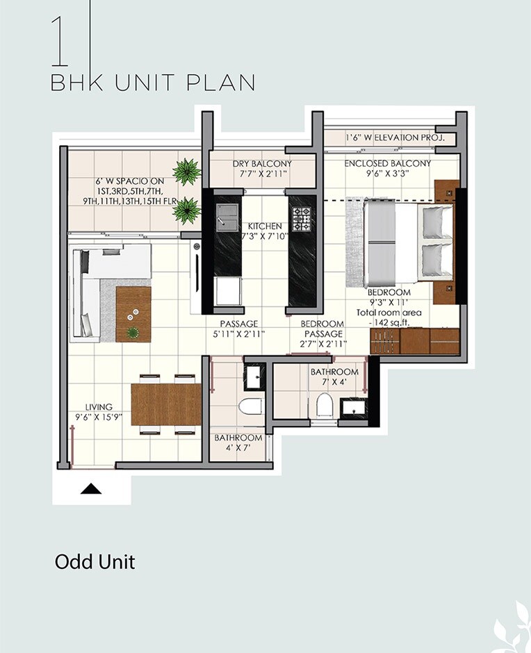 Floor plan of 1 BHK 416 Sq. Ft. Apartment in Sunraj Supreme, Thane