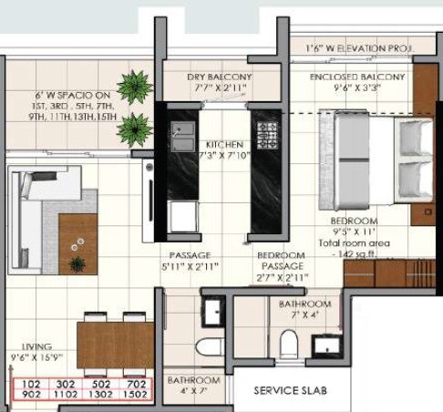Floor plan of 1 BHK 525 Sq. Ft. Apartment in Sunraj Supreme, Thane