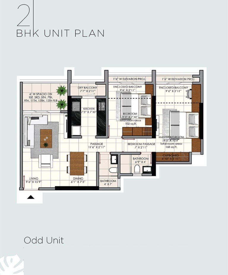 Floor plan of 2 BHK 680 Sq. Ft. Apartment in Sunraj Supreme, Thane