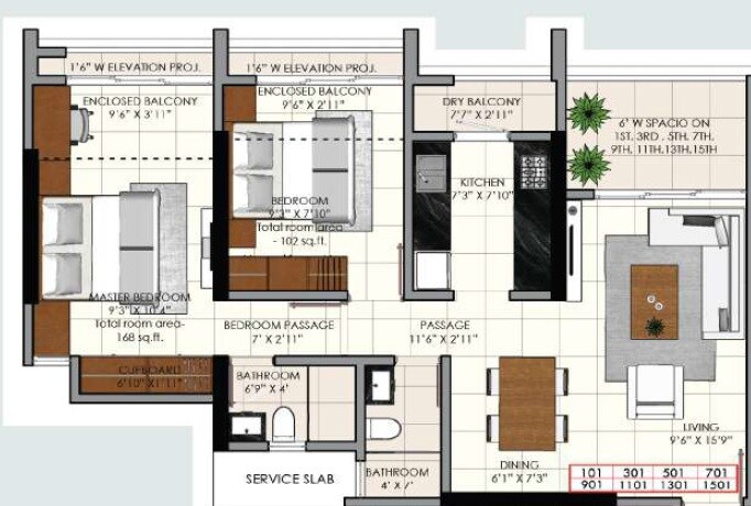 Floor plan of 2 BHK 720 Sq. Ft. Apartment in Sunraj Supreme, Thane