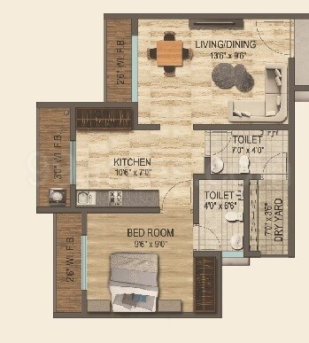 Floor plan of 1 BHK 307 Sq. Ft. Apartment in Sunrise Parkview Phase 1, Thane