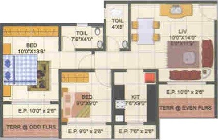 Floor plan of 2 BHK 758 Sq. Ft. Apartment in Sunshine Elegance, Thane