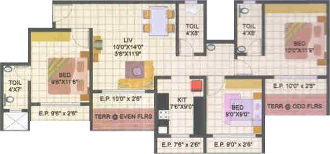 Floor plan of 3 BHK 962 Sq. Ft. Apartment in Sunshine Elegance, Thane