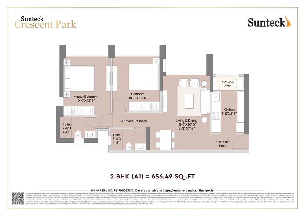 Floor plan of 2 BHK 656 Sq. Ft. Apartment in Sunteck Crescent Park, Thane