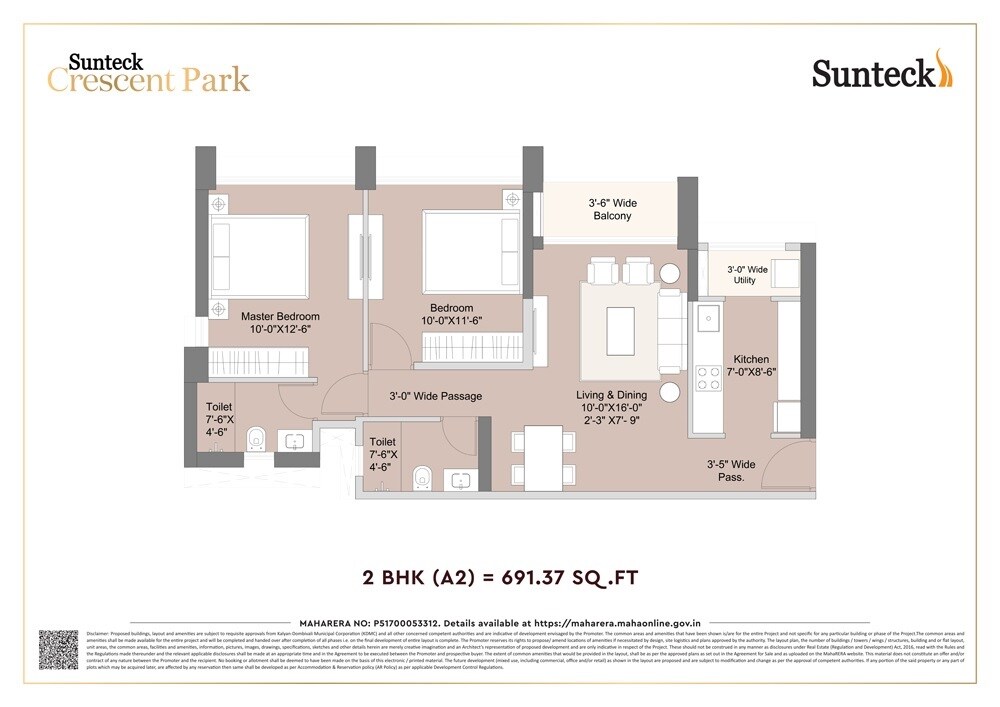 Floor plan of 2 BHK 692 Sq. Ft. Apartment in Sunteck Crescent Park, Thane