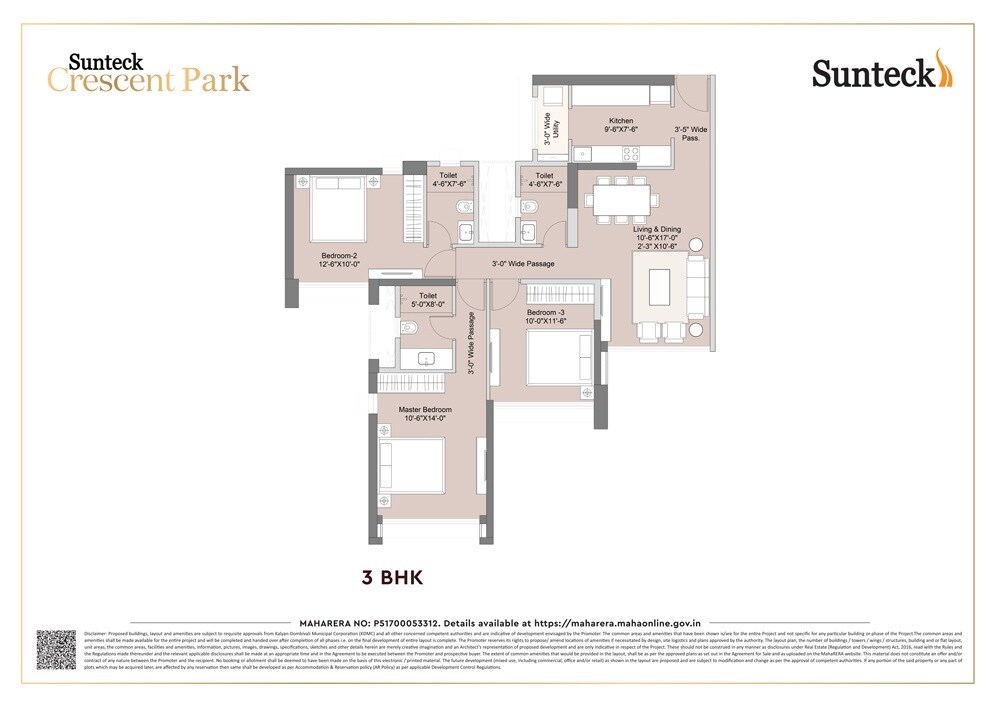 Floor plan of 3 BHK 929 Sq. Ft. Apartment in Sunteck Crescent Park, Thane