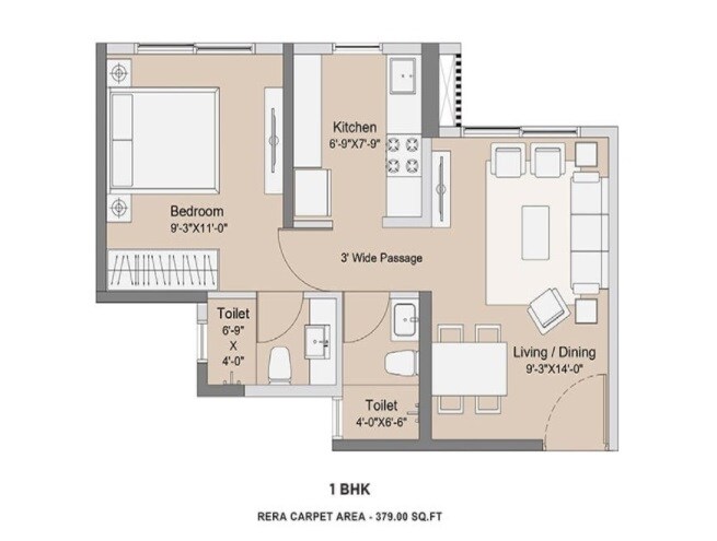 Floor plan of 1 BHK 379 Sq. Ft. Apartment in Sunteck Forest World, Thane