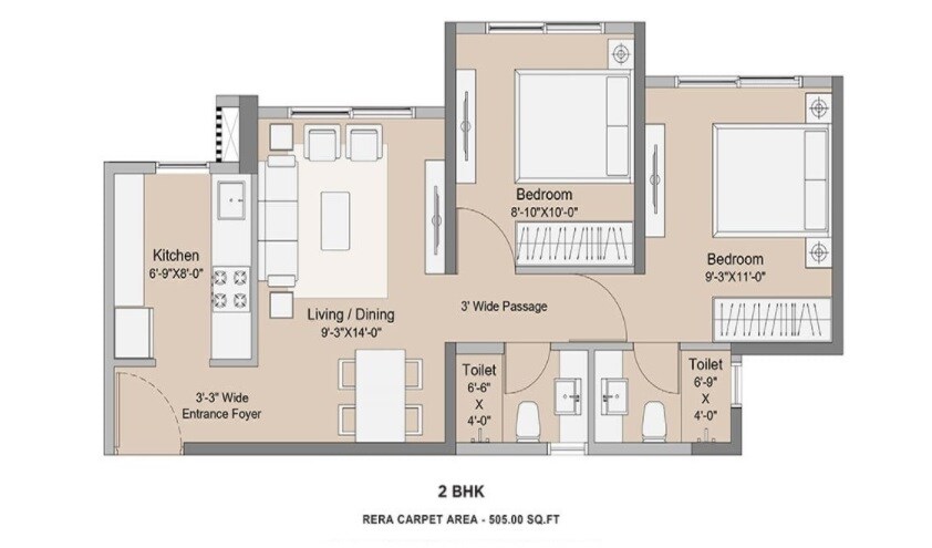 Floor plan of 2 BHK 505 Sq. Ft. Apartment in Sunteck Forest World, Thane
