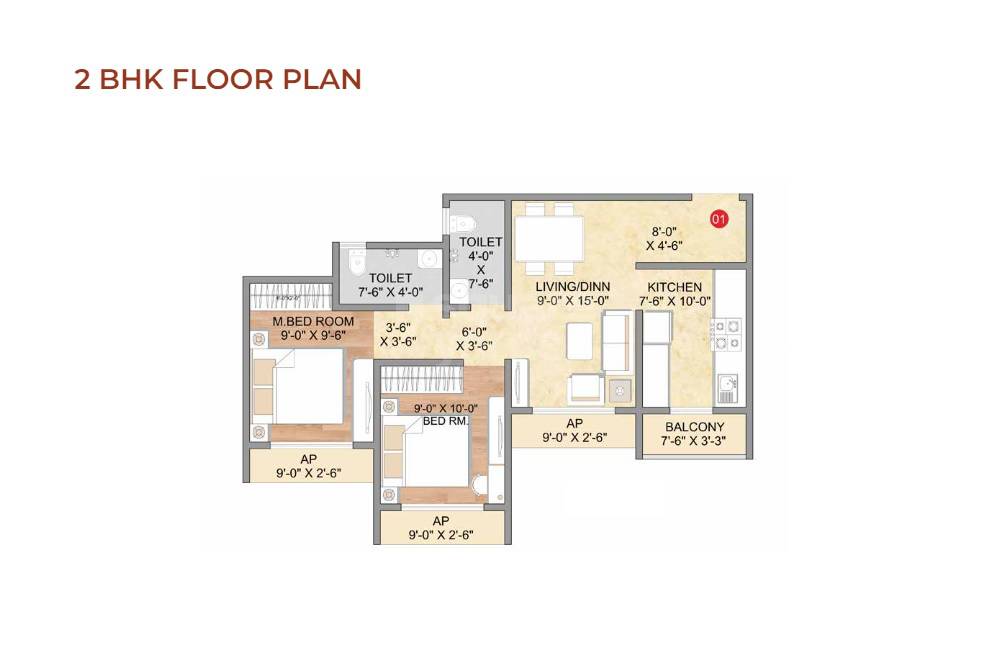 Floor plan of 2 BHK 633 Sq. Ft. Apartment in Supreme The Livin, Thane