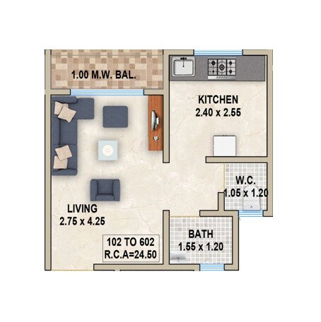Floor plan of 1 BHK 390 Sq. Ft. Apartment in Swaastiik Swami Residency, Thane