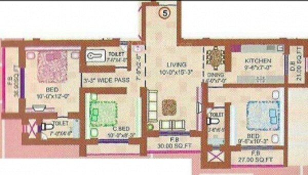 Floor plan of 3 BHK 1185 Sq. Ft. Apartment in Swagat Heights, Thane