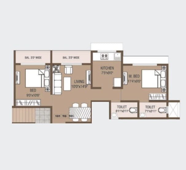 Floor plan of 2 BHK 595 Sq. Ft. Apartment in Swami Sumitra Heights, Thane