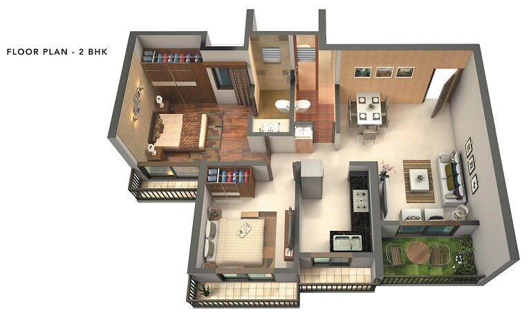 Floor plan of 2 BHK 509 Sq. Ft. Apartment in Swaminarayan City, Thane