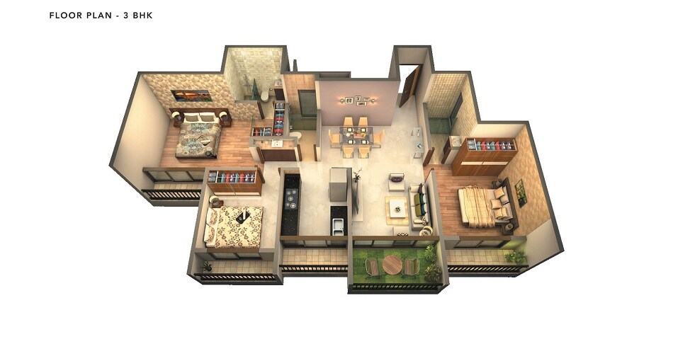 Floor plan of 3 BHK 1100 Sq. Ft. Apartment in Swaminarayan City, Thane