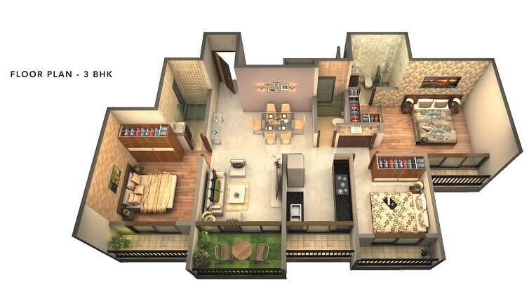 Floor plan of 3 BHK 1121 Sq. Ft. Apartment in Swaminarayan City, Thane