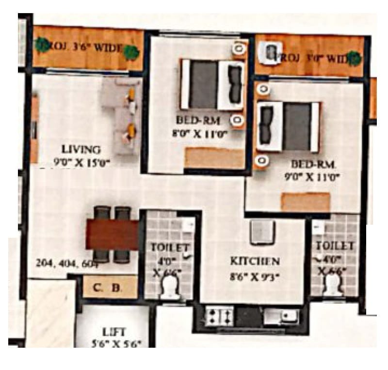 2 BHK 543 Sq. Ft. Apartment