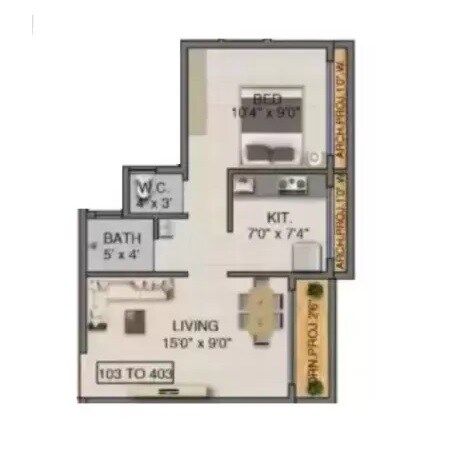 Floor plan of 1 BHK 435 Sq. Ft. Apartment in Swamini Silver Pride, Thane