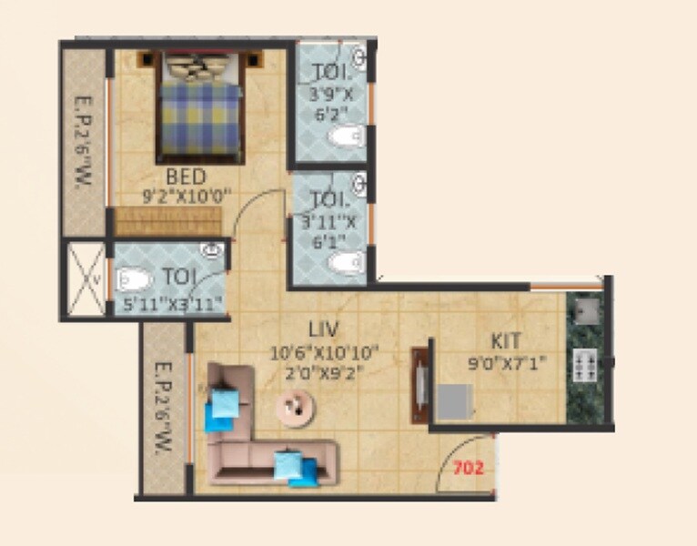 Floor plan of 1 BHK 411 Sq. Ft. Apartment in Swaroop Nascon Parkview, Thane