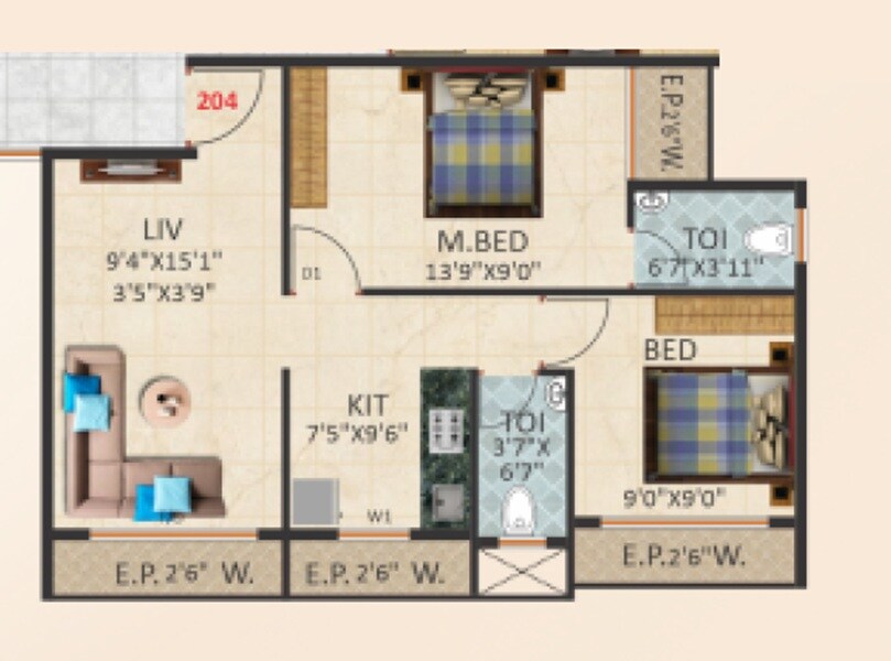Floor plan of 2 BHK 600 Sq. Ft. Apartment in Swaroop Nascon Parkview, Thane