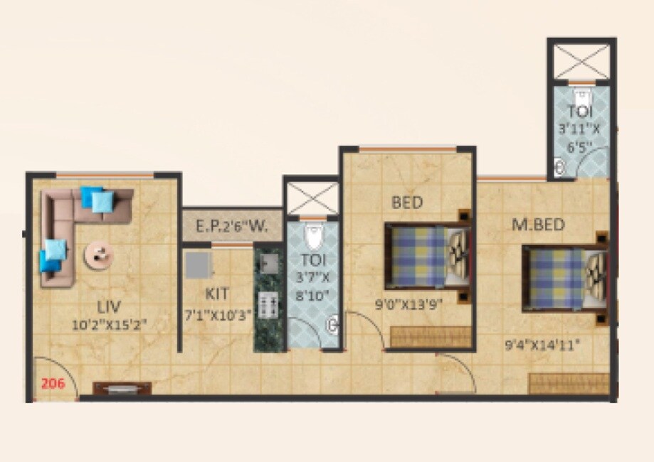 Floor plan of 2 BHK 611 Sq. Ft. Apartment in Swaroop Nascon Parkview, Thane