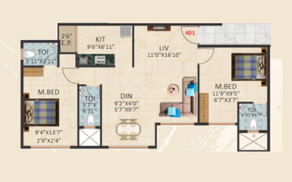 Floor plan of 3 BHK 715 Sq. Ft. Apartment in Swaroop Nascon Parkview, Thane