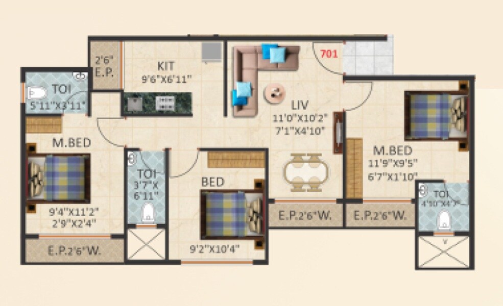 Floor plan of 3 BHK 725 Sq. Ft. Apartment in Swaroop Nascon Parkview, Thane