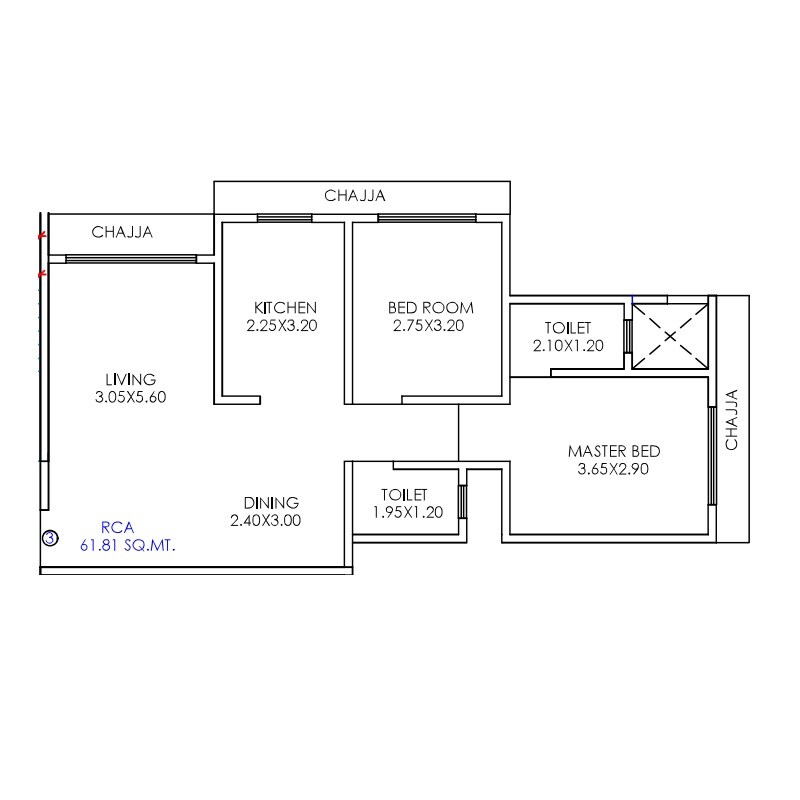 Floor plan of 2 BHK Apartment - 665 sq. ft. in Swastik Sky, Thane
