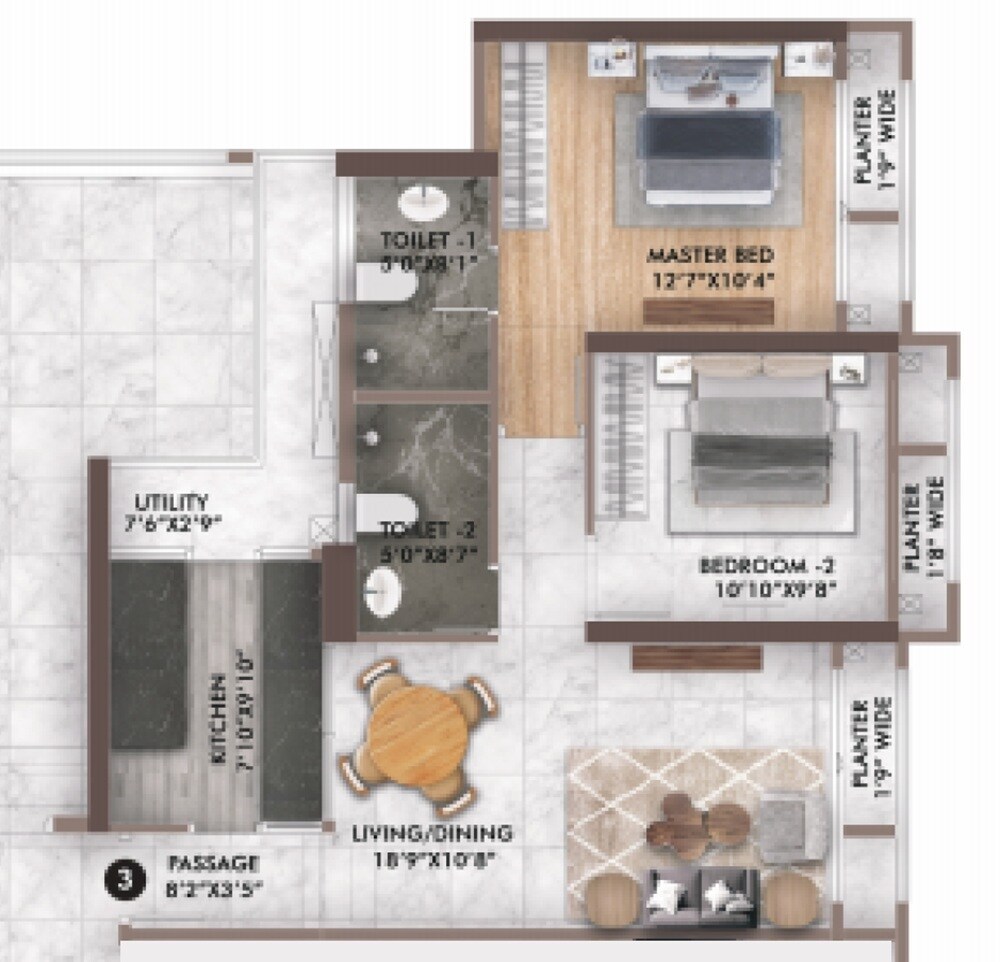 Floor plan of 2 BHK 746 Sq. Ft. Apartment in T Bhimjyani Infinity Towers, Thane
