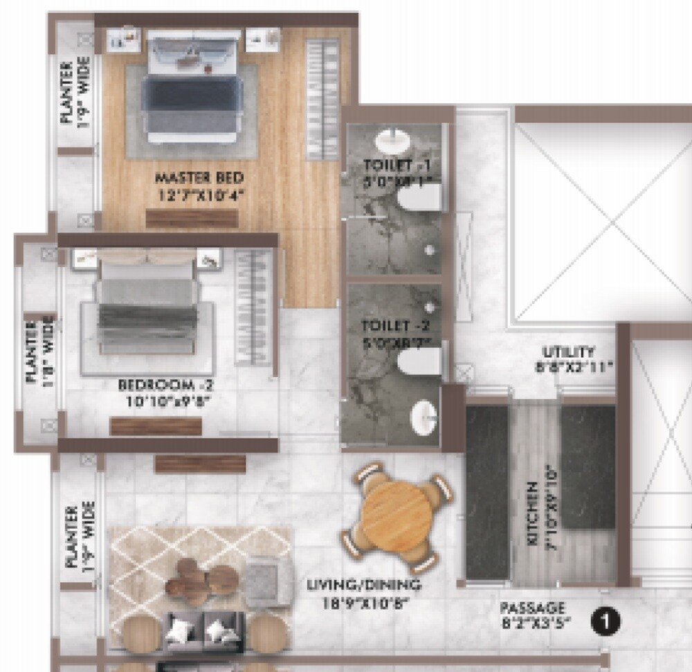 Floor plan of 2 BHK 840 Sq. Ft. Apartment in T Bhimjyani Infinity Towers, Thane