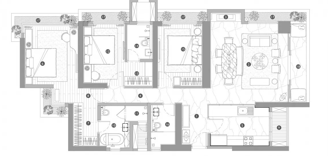 Floor plan of 3 BHK 1171 Sq. Ft. Apartment in T Bhimjyani Infinity Towers, Thane