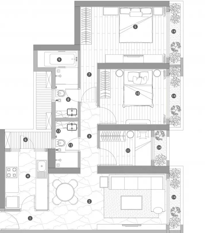 Floor plan of 3 BHK 905 Sq. Ft. Apartment in T Bhimjyani Infinity Towers, Thane