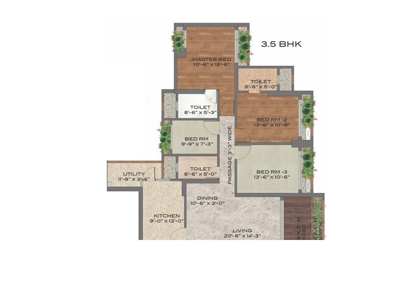 Floor plan of 3 BHK 1260 Sq. Ft. Apartment in T Bhimjyani Neelkanth Woods Olivia, Thane